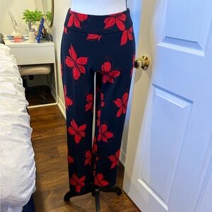 Joseph Ribkoff Floral Pull On Pants Size 4 Navy Red Stretch